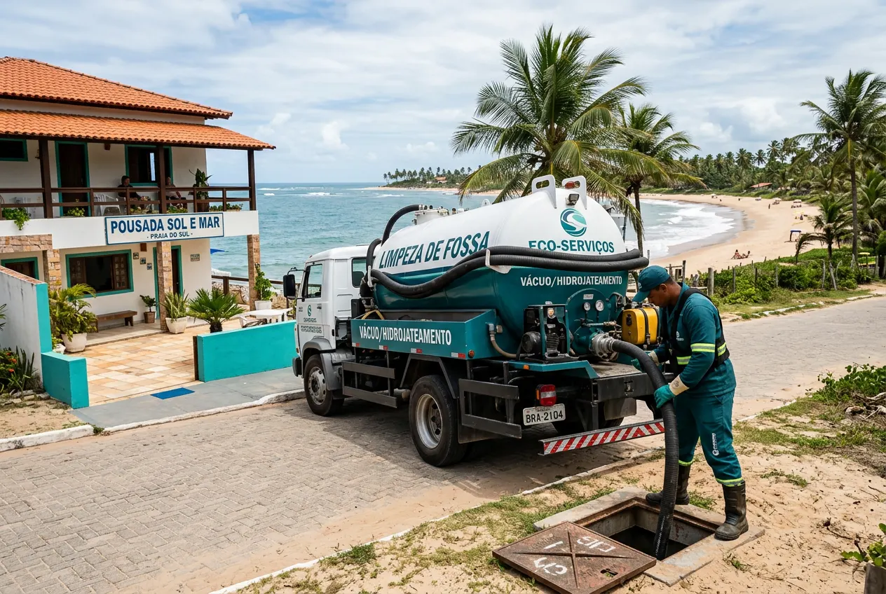 Desentope Maresias: limpeza de fossa profissional no litoral de São Paulo — técnico uniformizado com equipamento, atendimento 24 horas